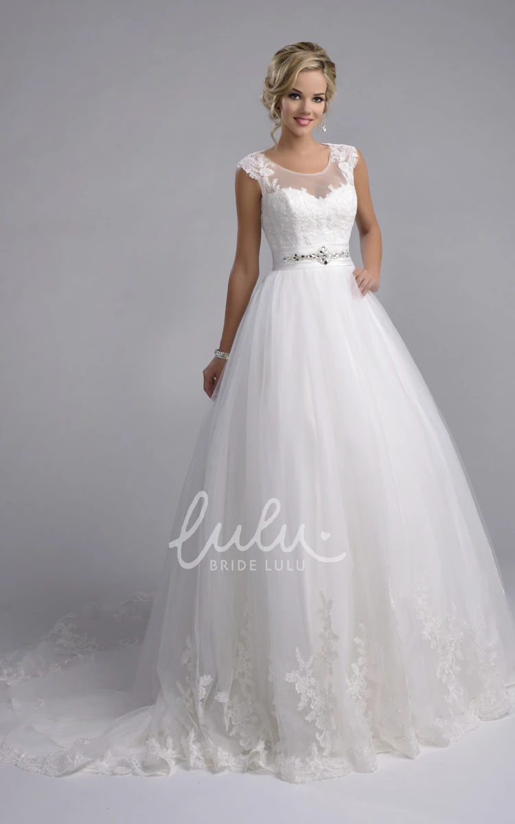 Cap Sleeve Tulle A-Line Wedding Dress with Keyhole Back Vintage Bridal Dress