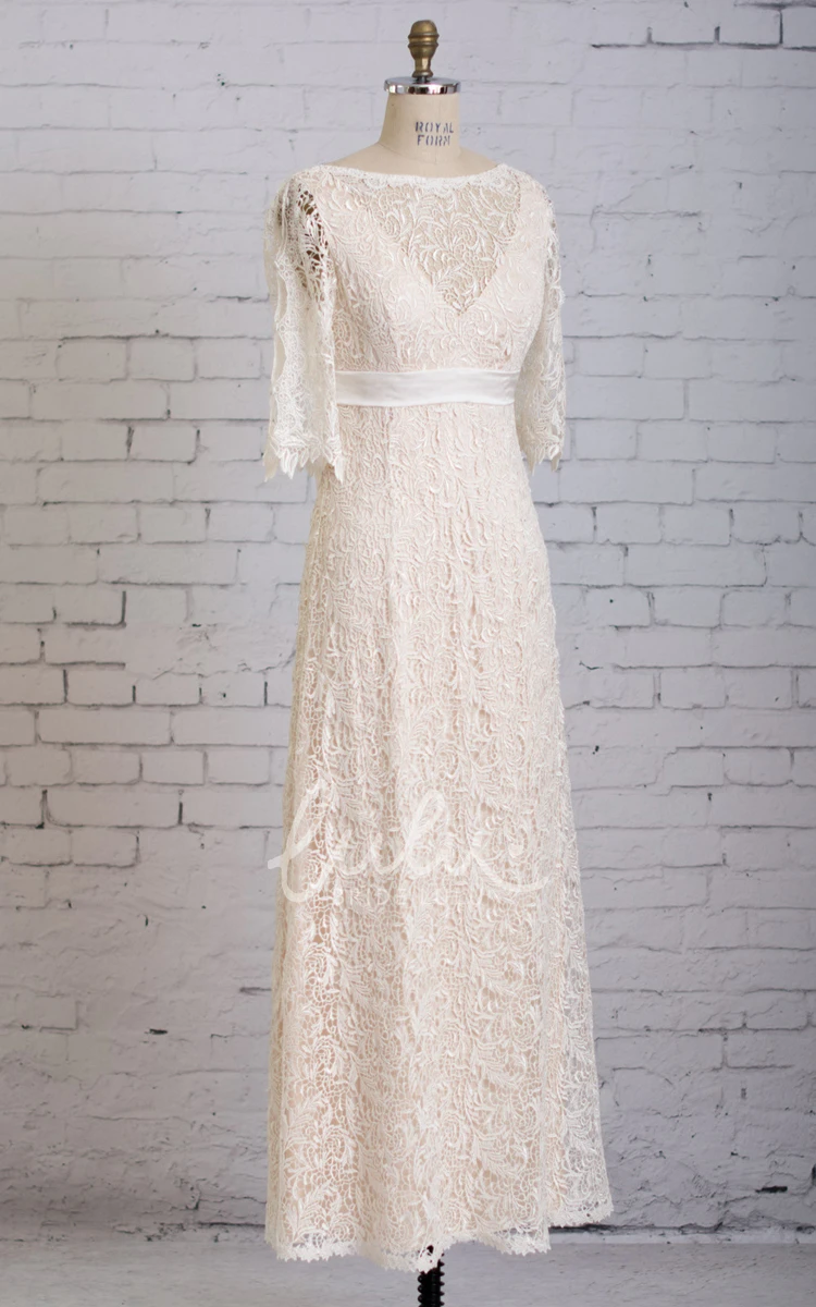 Half-Sleeved Lace Column Dress with Illusion Neck and V-Back