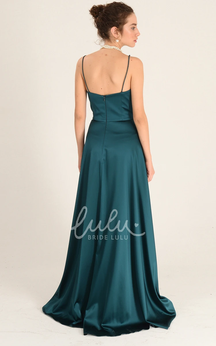 Sleeveless A-line Satin Formal Dress with Split Front Modern and Floor-length with V-neck