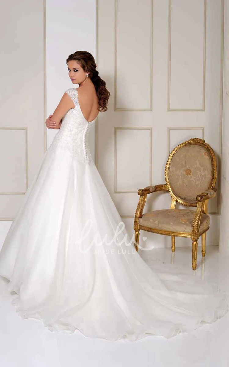 Satin Cap-Sleeve Wedding Dress with V-Neckline and Chapel Train Timeless Bridal Gown