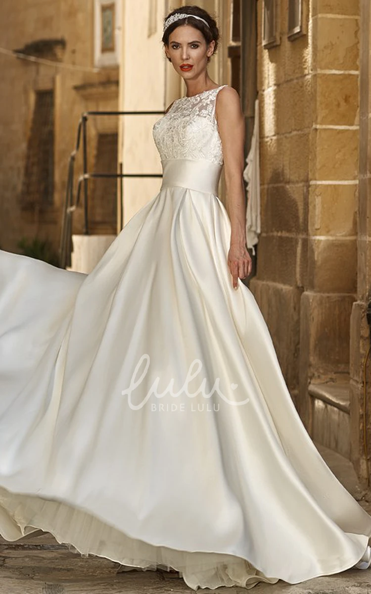 Satin Jewel-Neck Sleeveless A-Line Wedding Dress with Floor-Length Appliques Modern Wedding Dress