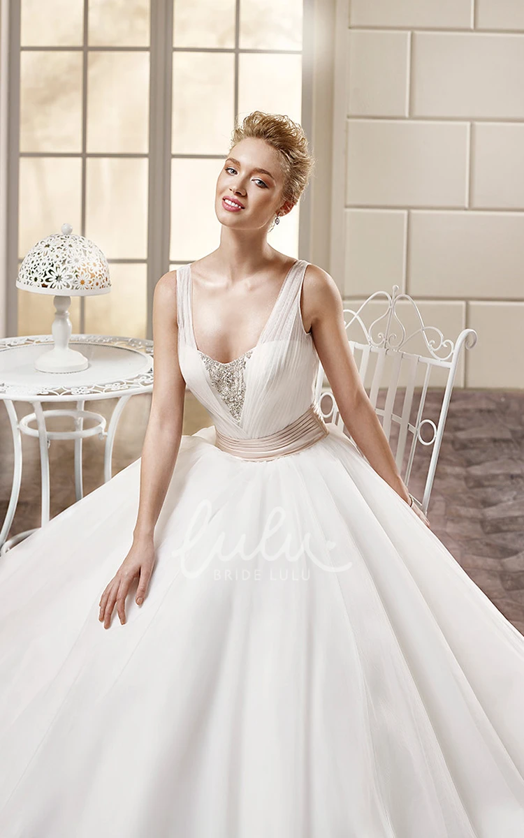 A-Line Satin Wedding Dress with V-Neck Ruched Bodice and Sleeveless Design