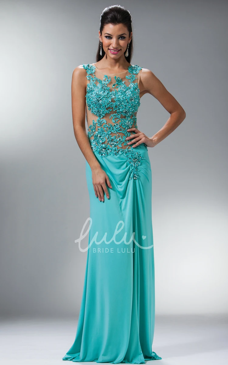 Sleeveless Sheath Jersey Illusion Prom Dress with Appliques and Beading Maxi Scoop-Neck