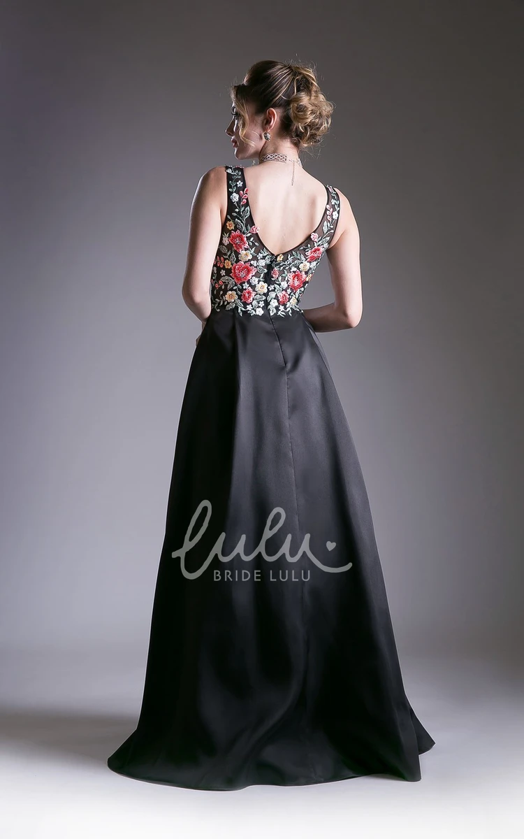 Embroidered Satin A-Line Formal Dress with Low-V Back V-Neck Sleeveless