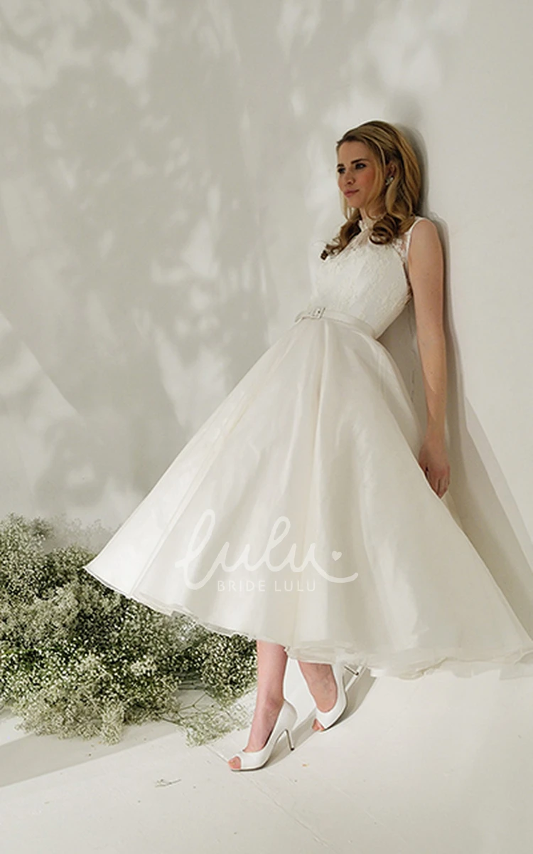 Tea-Length Sleeveless Satin and Lace Wedding Dress A-Line with Illusion Back