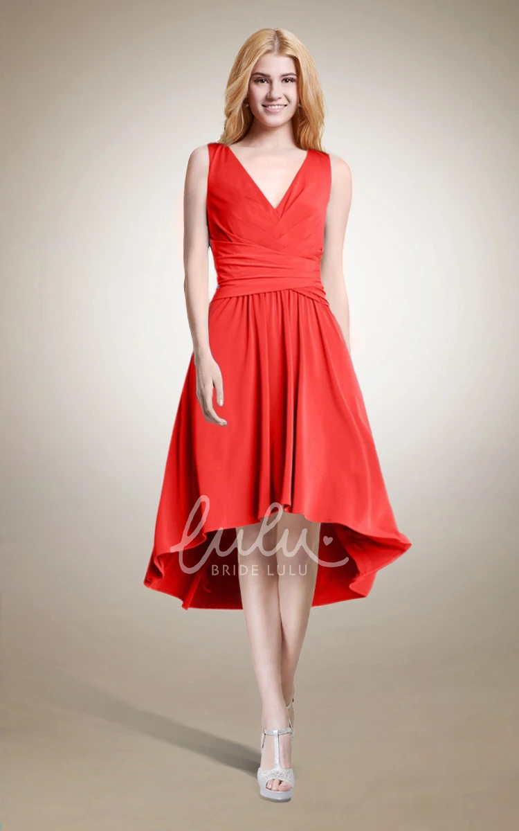 V-neck Jersey Prom Dress with High Low Hemline and Pleats