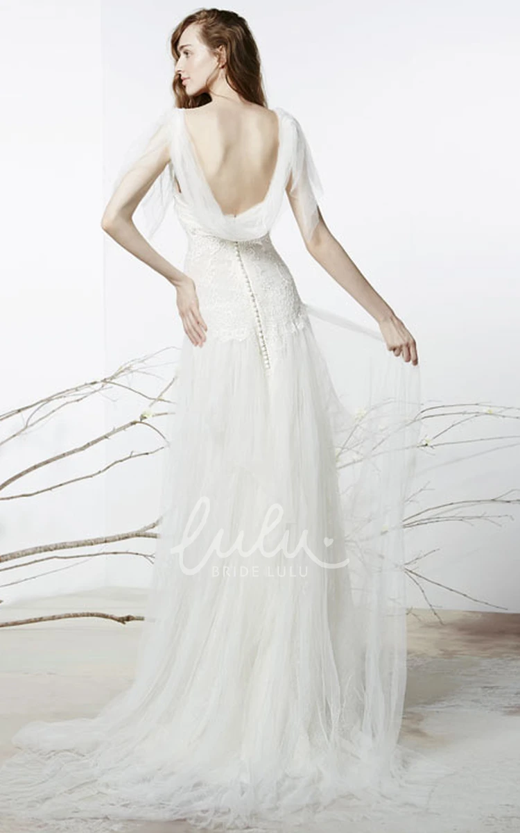 A-Line Tulle Wedding Dress with Sweep Train Floor-Length Lace Strapless Poet-Sleeve