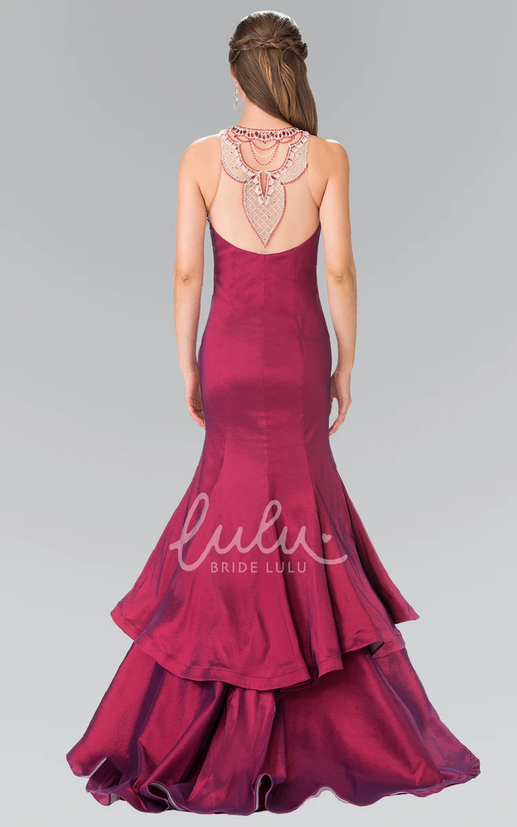 Satin Trumpet Sleeveless Illusion Bridesmaid Dress with Beading and Tiers