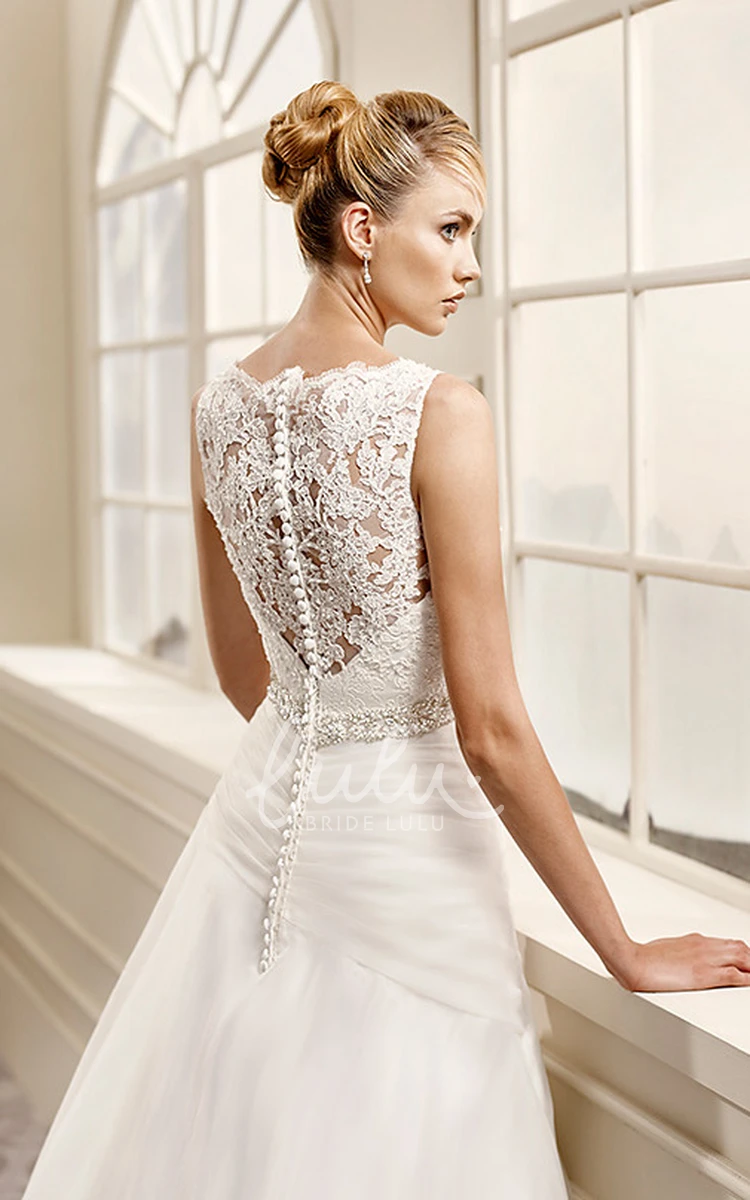 A-Line Lace Wedding Dress with Bateau-Neck and Waist Jewelry Beautiful Wedding Dress