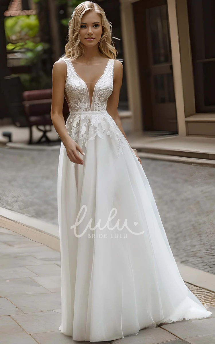 Sexy Western A-Line Long Lace Wedding Dress Illusion Elopement Sleeveless Floral Gown with Appliques