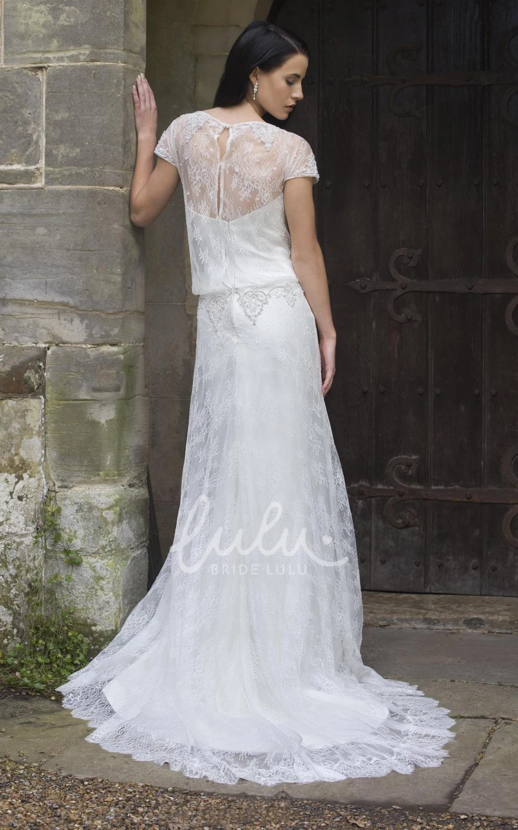 Beaded Lace Sheath Wedding Dress with T-Shirt Sleeves and Bateau Neckline