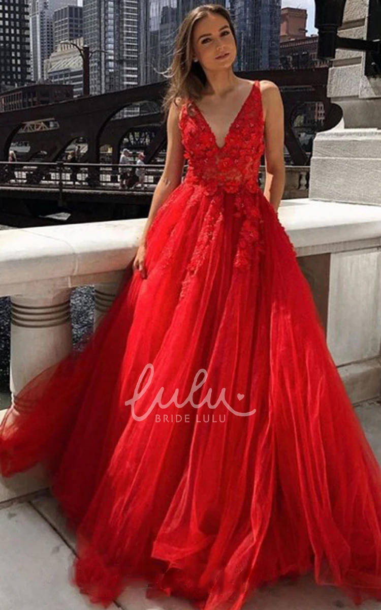 V-neck Ball Gown Prom Dress with Lace and Beading