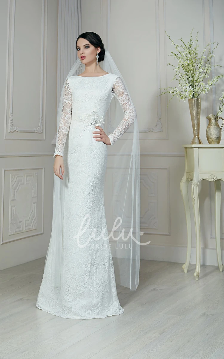 Lace Sheath Wedding Dress with Illusion Sleeves and Low V-Back