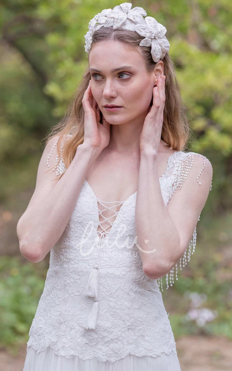 A-Line Wedding Dress with Plunging Neckline Pleats Appliques and Beading Unique Bridal Gown