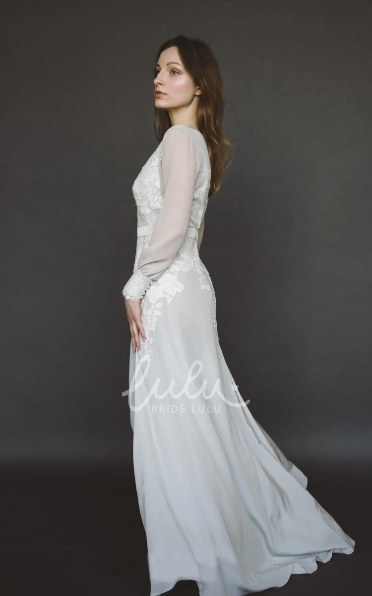 Chiffon Wedding Gown with Long Poet Sleeve and V-neck Lace Appliqued Split Chiffon Wedding Dress