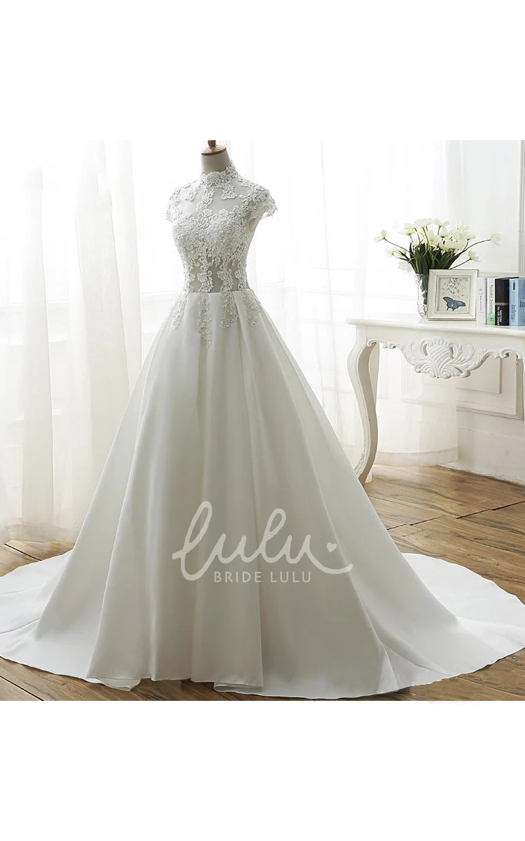 Illusion High Neck Ball Gown Wedding Dress with Beadings and Appliques