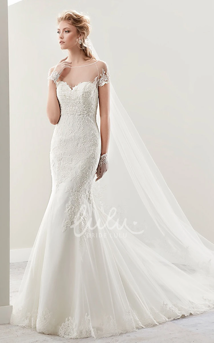 Jewel-Neck Illusion Sheath Wedding Dress with Court Train