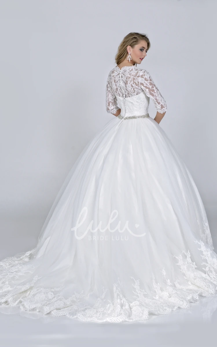 Satin Ball Gown with Crystal Detailed Waist Half Sleeve Lace and Satin