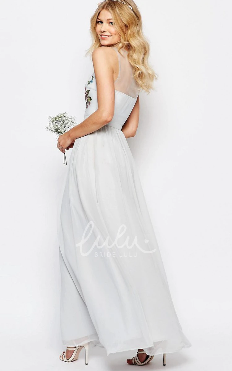 Embroidered Ankle-Length Chiffon Bridesmaid Dress with Scoop Neck Unique Flowy Dress