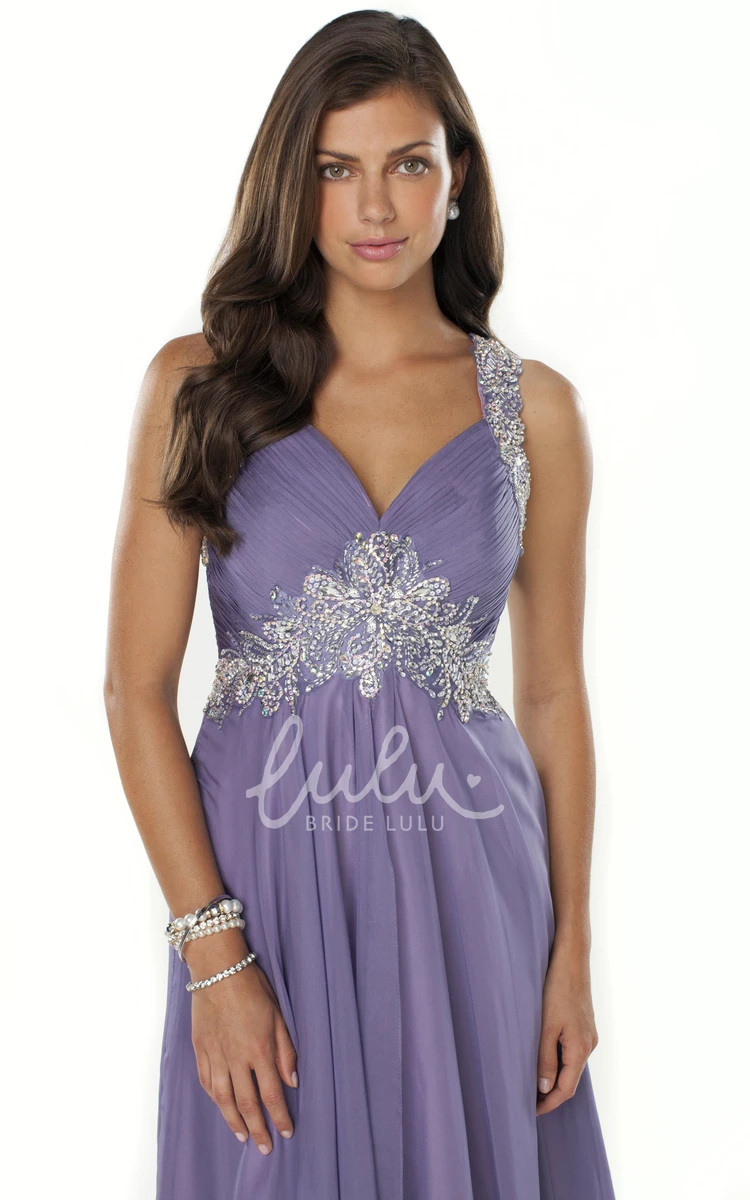 Chiffon V-Neck Beaded A-Line Formal Dress with Pleats