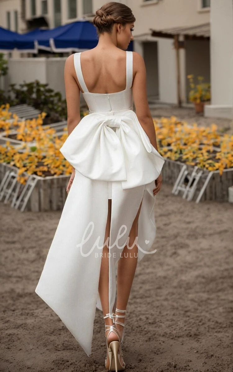 Petite Chic Sheath Straps Solid Satin Wedding Dress Adorable Short Square Neck Sleeveless Zipper Back Bridal Gown with Bow