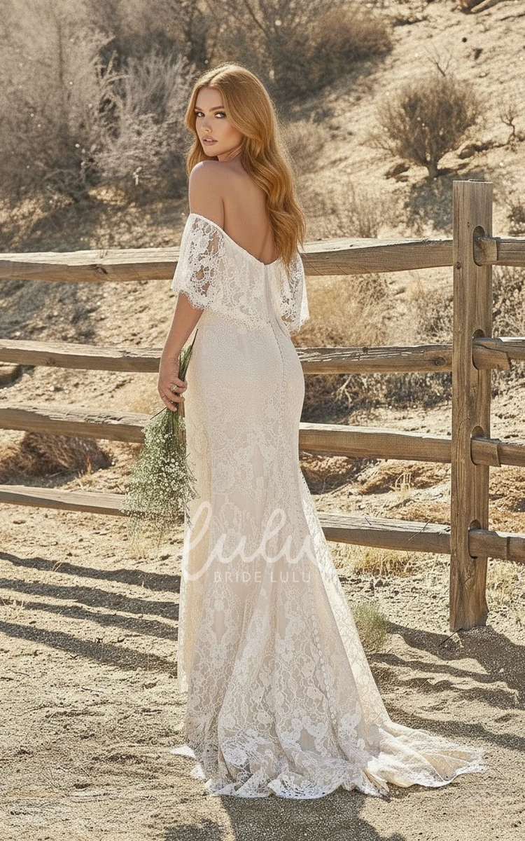 Bohemian Off-the-shoulder Sheath Lace Winter Wedding Dress Draping Short Sleeve Open Back Bridal Gown with Train