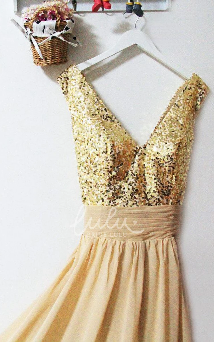 V-neck A-line Chiffon Prom Dress with Gold Sequins