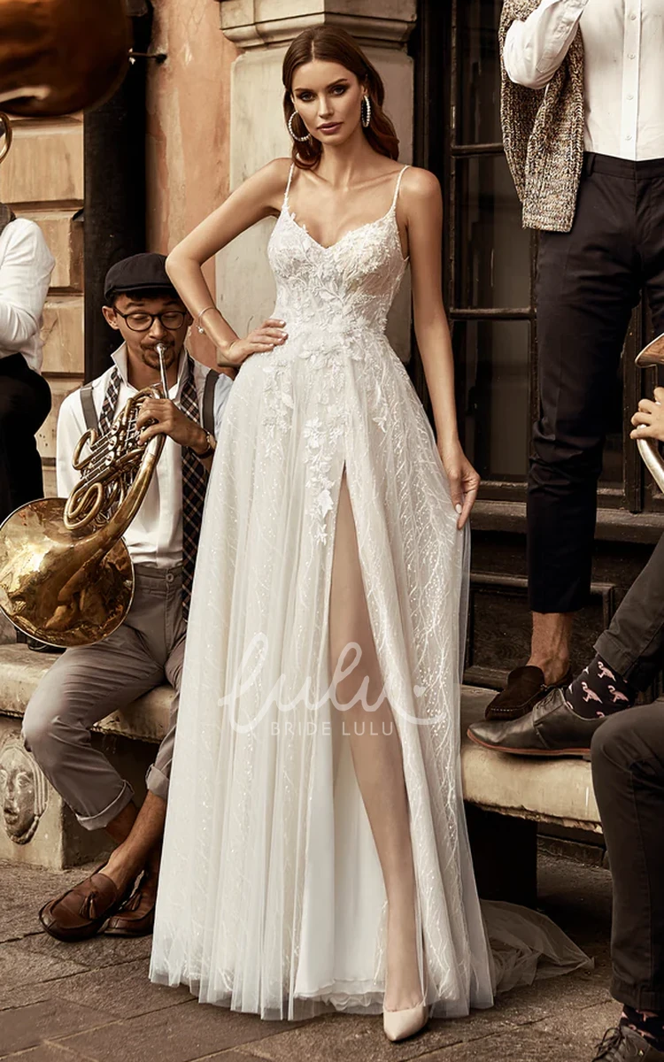 Elegant A-Line Sleeveless Tulle Lace Petals Split Front Garden Wedding Dress