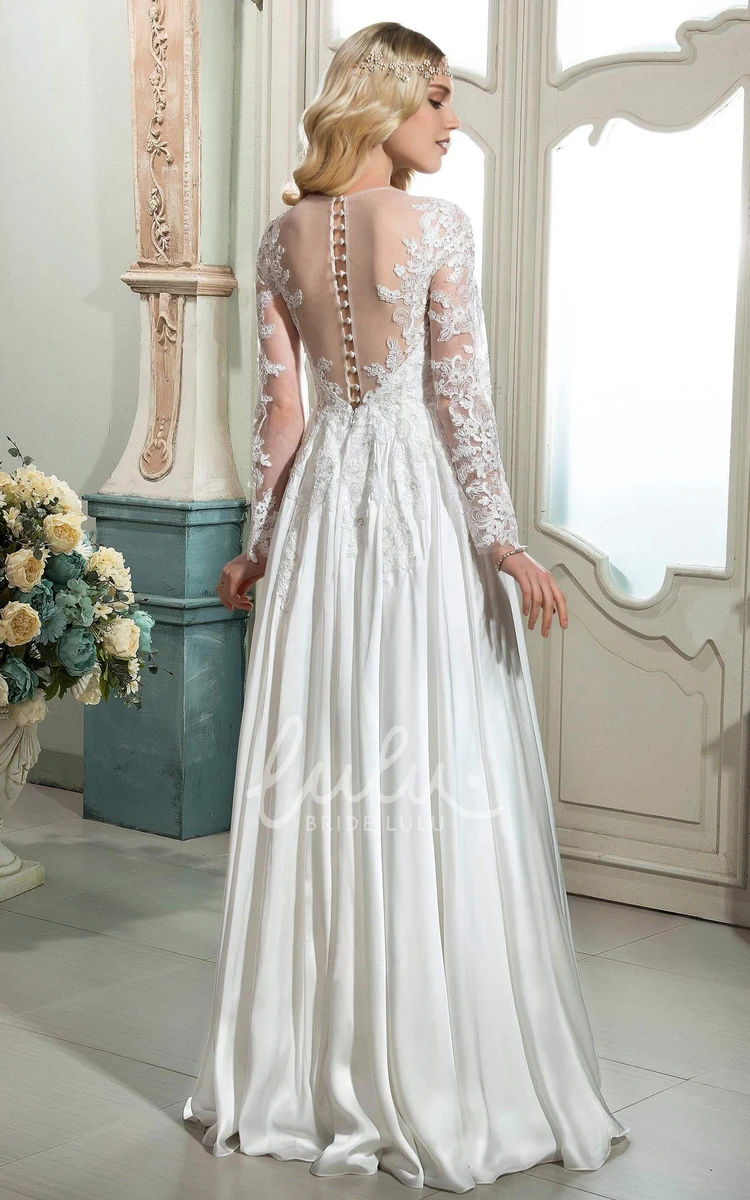 A-line Ethereal Lace Wedding Dress with Illusion Long Sleeves and Button Back