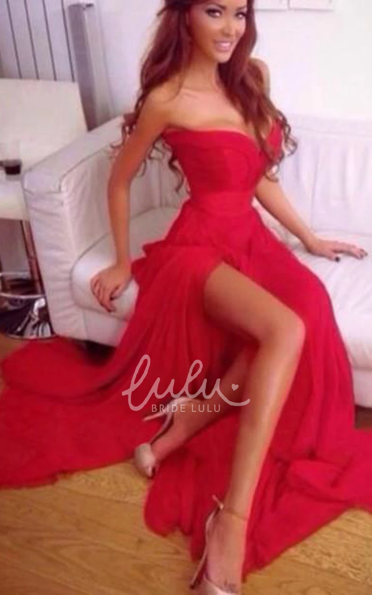 Red Chiffon Prom Dress with Sweetheart Neckline Sleeveless Side Slit Ruffle Gown