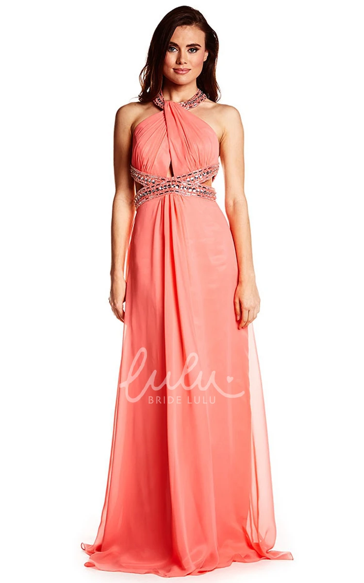 Beaded Chiffon Prom Dress with Brush Train Halter Sleeveless