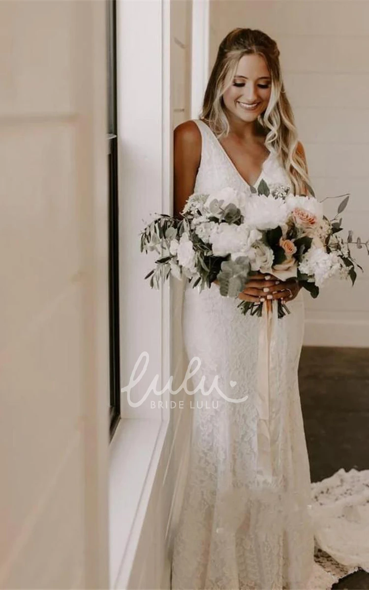 Ethereal Court Train V-Neck Lace Wedding Dress with Deep-V Back