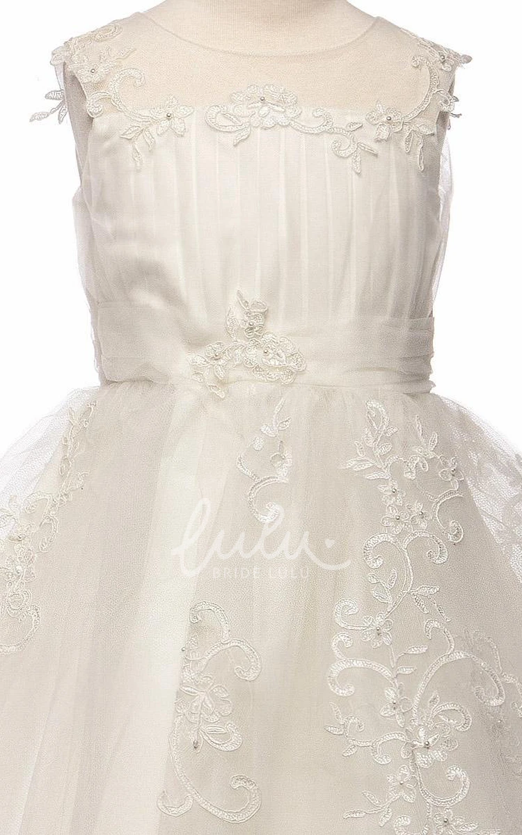 Embroidered Tulle Flower Girl Dress with Split Front Tea-Length