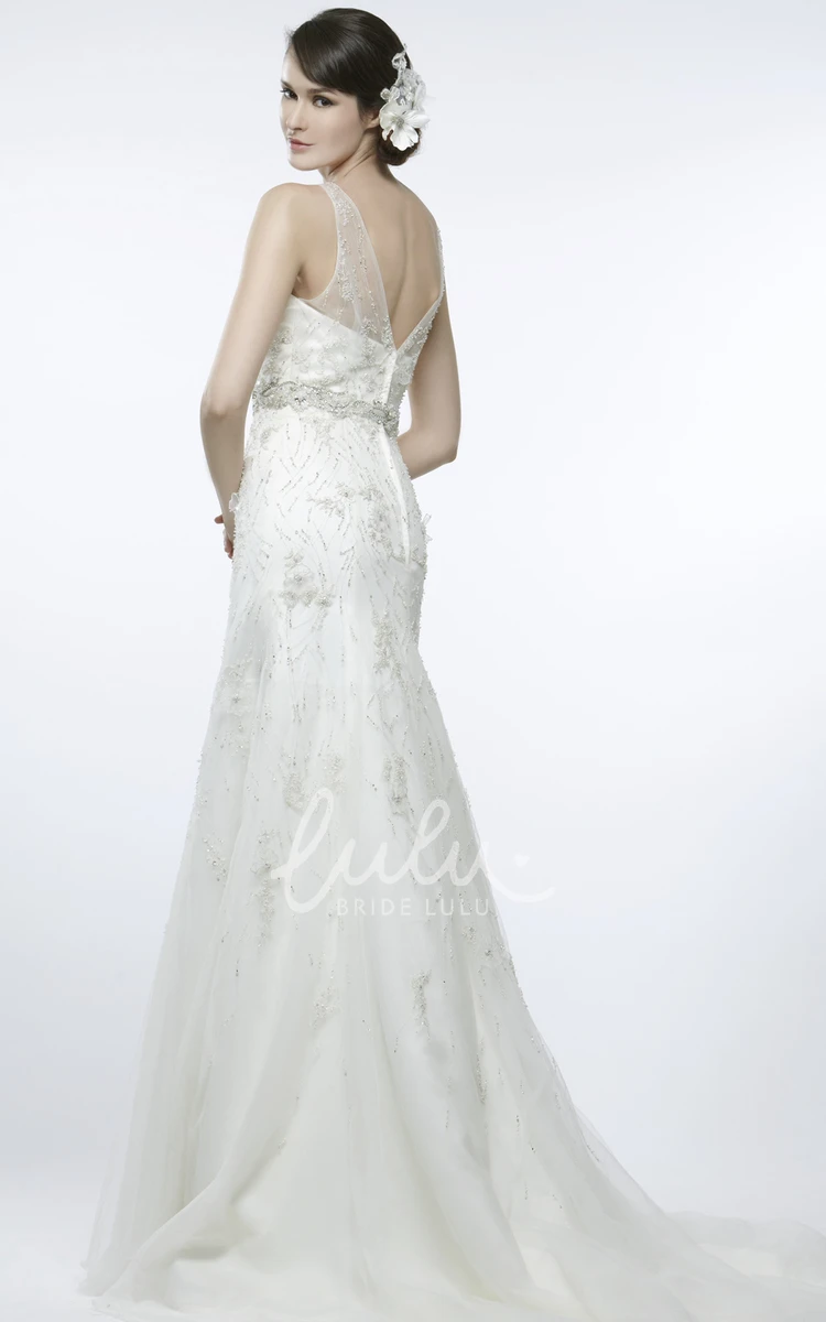 V-Neck Beaded Tulle Wedding Dress Sleeveless A-Line Maxi with Low-V Back