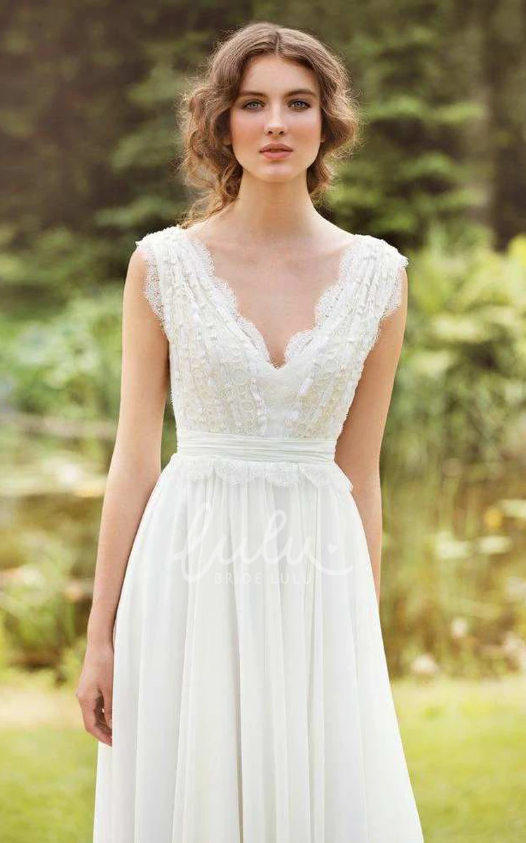 Sleeveless Chiffon Pleated Wedding Dress with Lace and Bow Plunged Bridal Gown