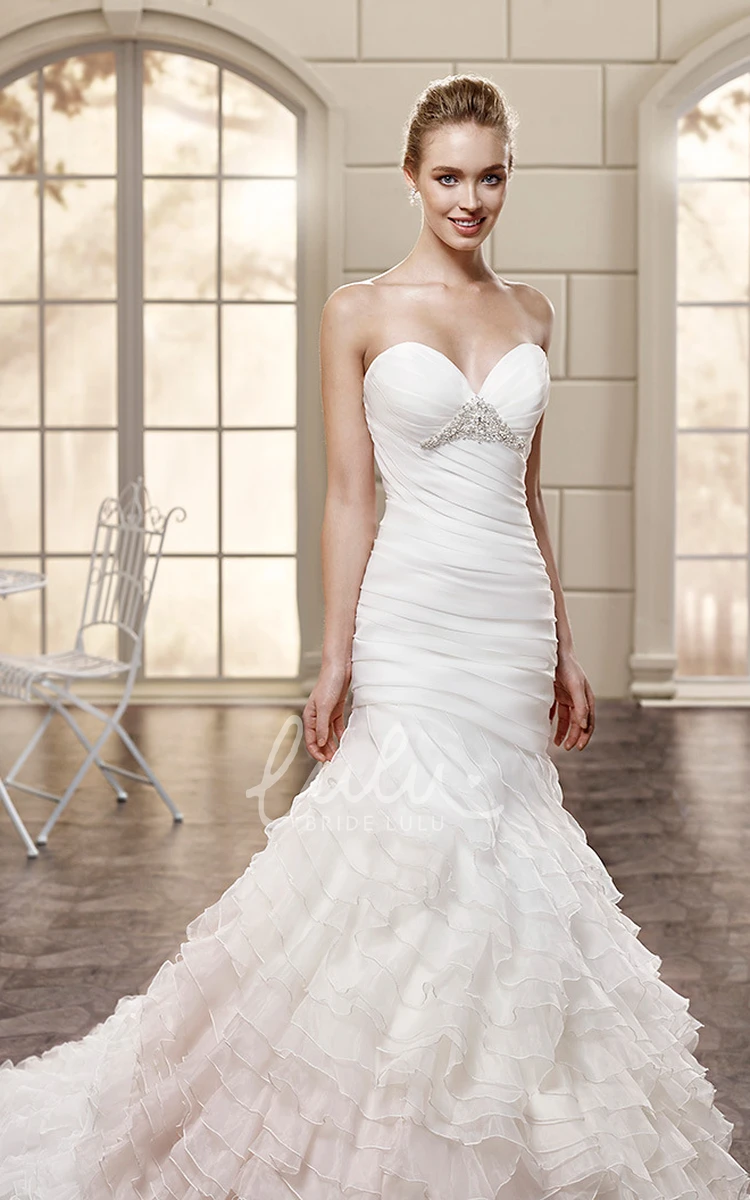 Mermaid Organza Wedding Dress with Tiered Skirt Sweetheart Neckline and Beading