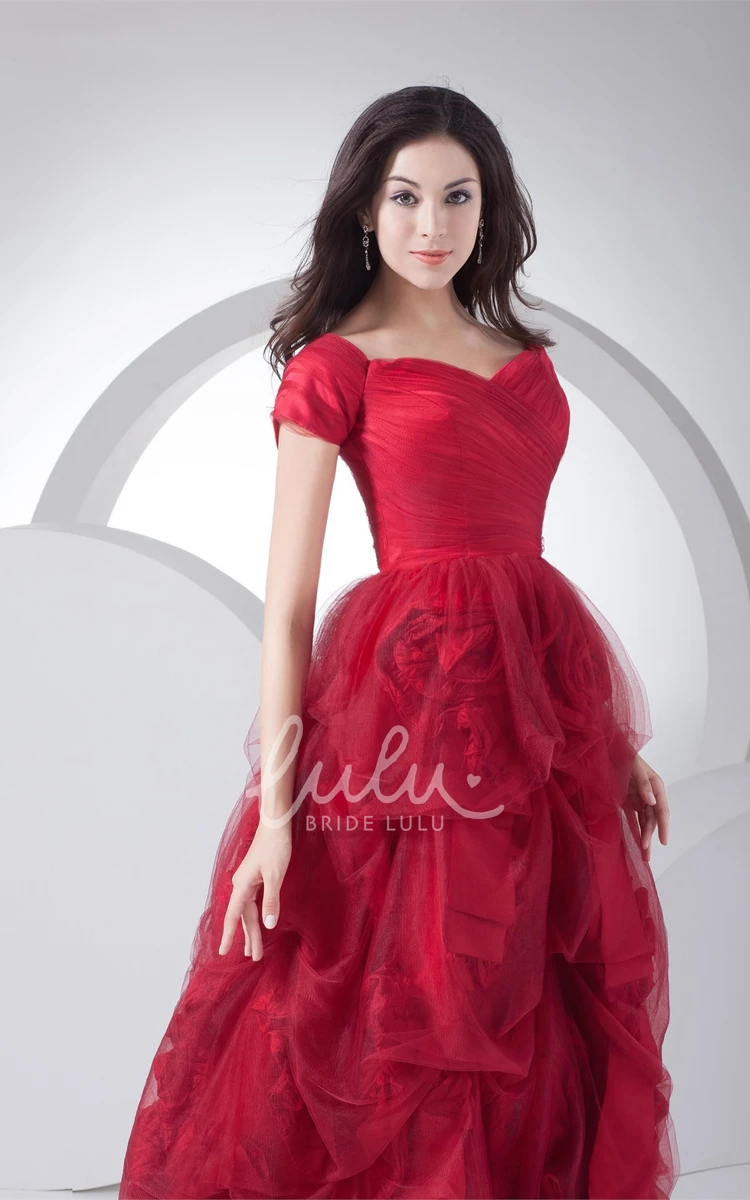 Short-Sleeve A-Line Tulle Prom Gown with Ruffles Prom Dress