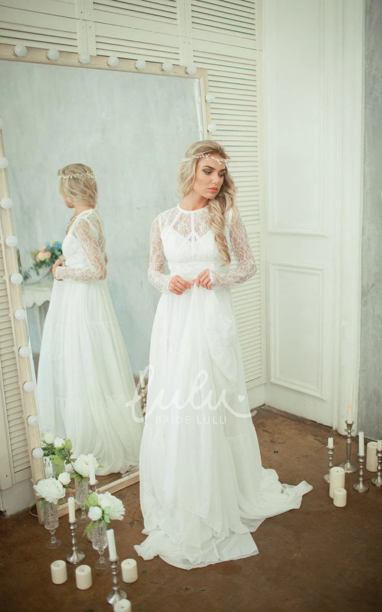 Lace Bodice Chiffon A-Line Wedding Dress with Long Sleeves