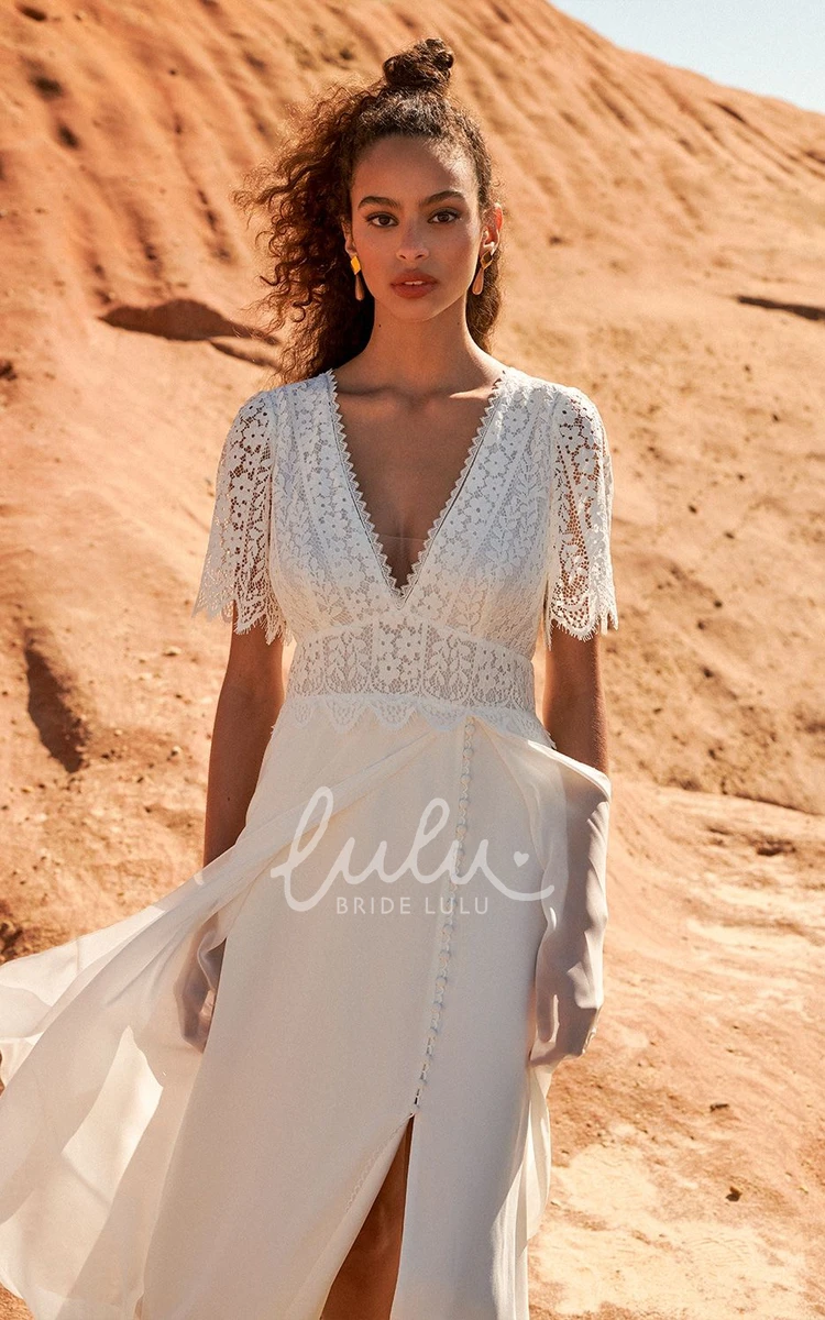 Vintage Modest Boho Lace Wedding Dress Rustic Country Beach Low Back V-Neck Bridal Gown with Sweep Train