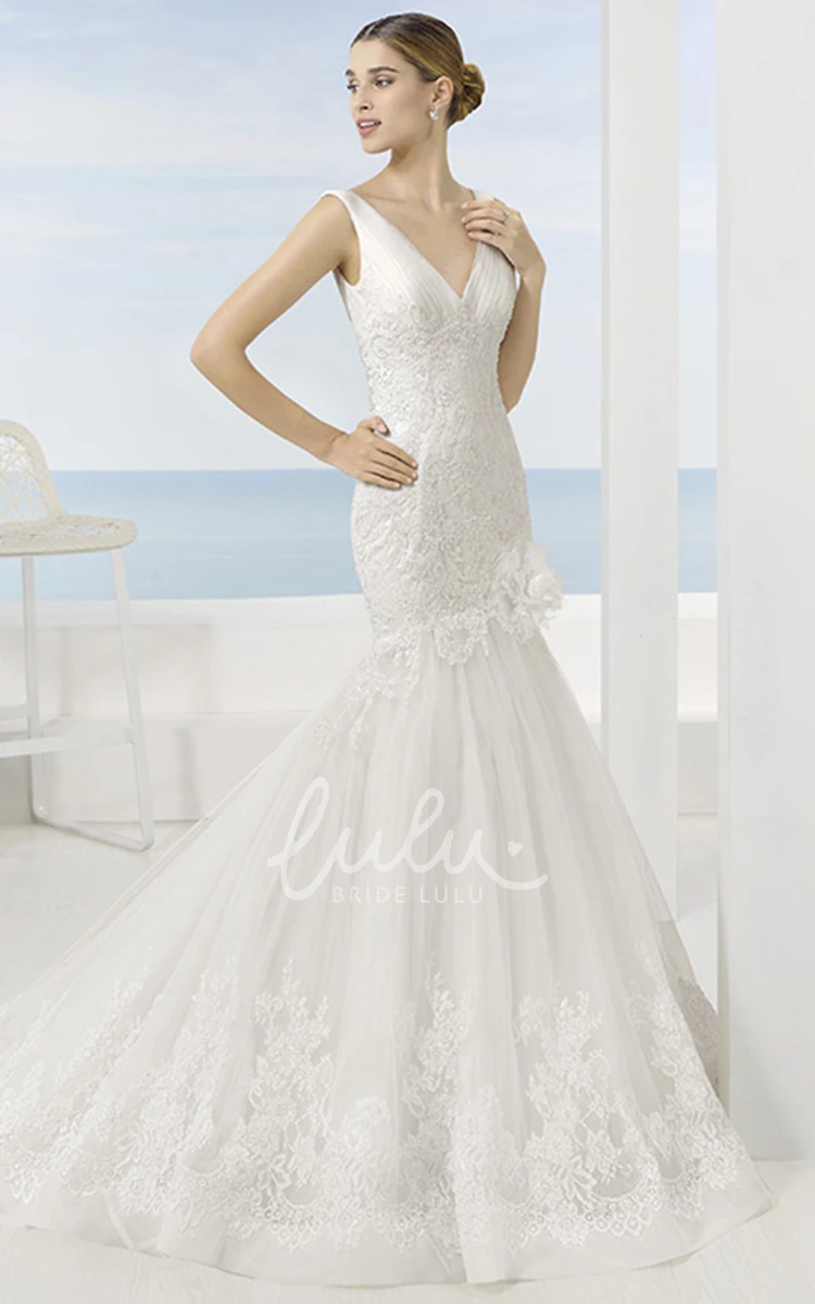 Sleeveless Lace Wedding Dress with Appliques & Deep-V Back Trumpet