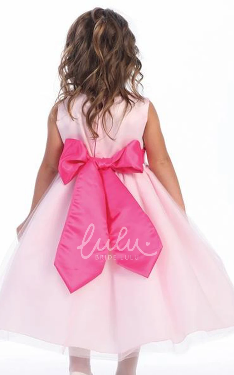 Floral Tiered Tea-Length Flower Girl Dress with Tulle and Satin