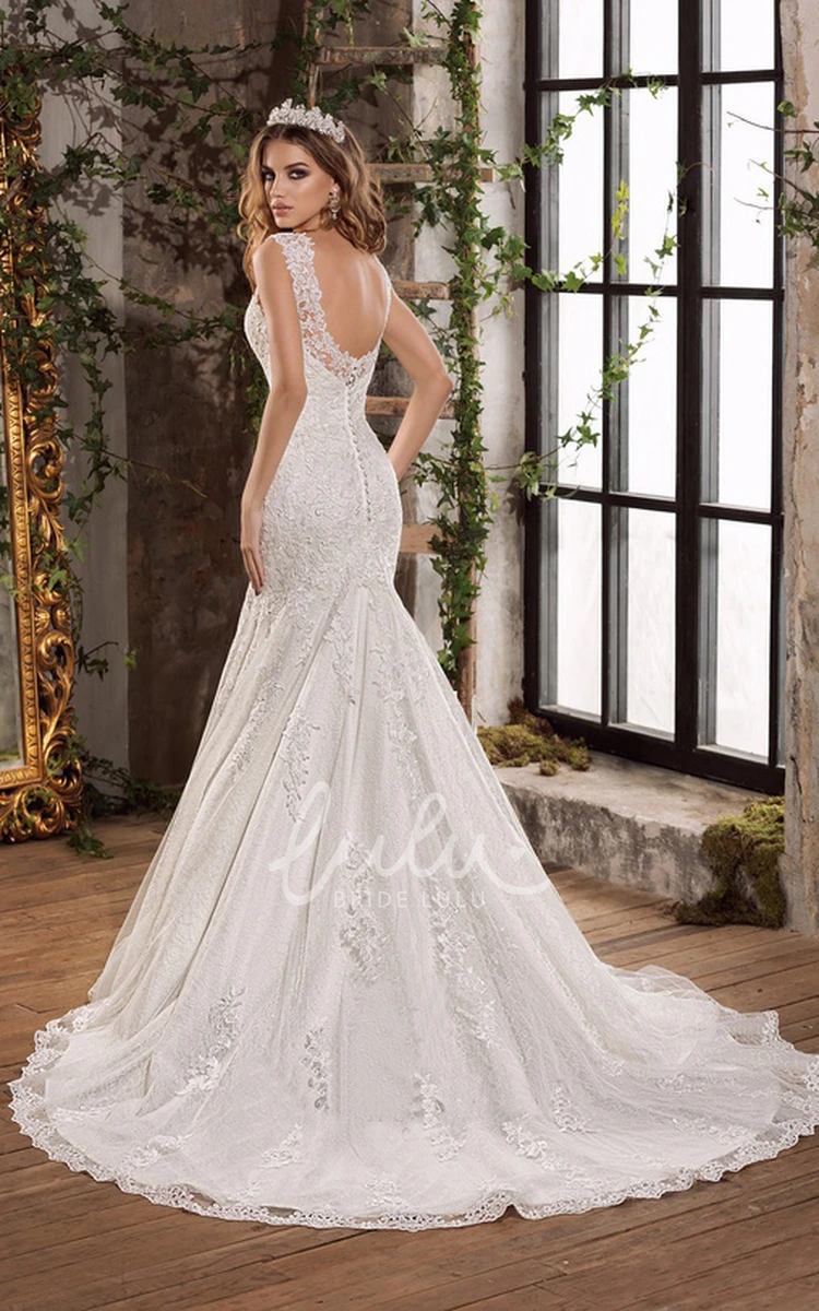 Lace and Tulle Notched Floor Length Bridal Gown with Chapel Train