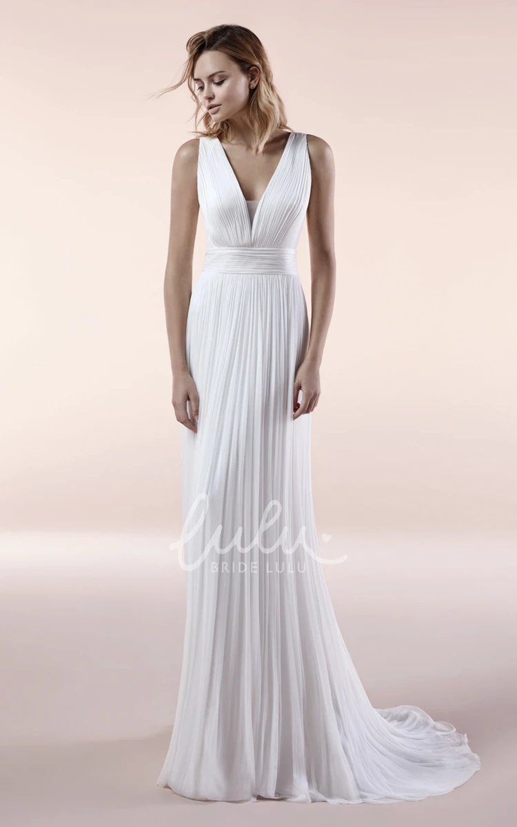 Sleeveless Chiffon Gown with Illusion Deep V-neck and Pleated Sash