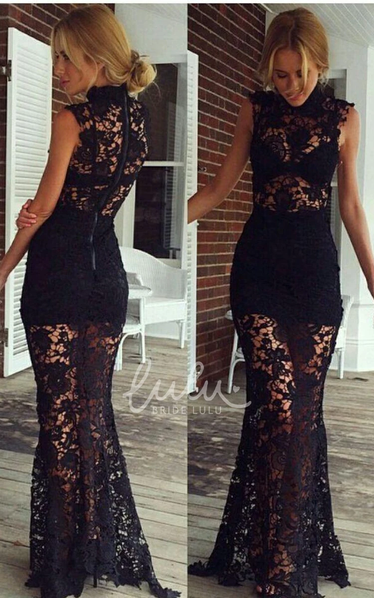 Black High-Neck Prom Dress Sexy Lace Sheer Skirt Elegant Evening Dress