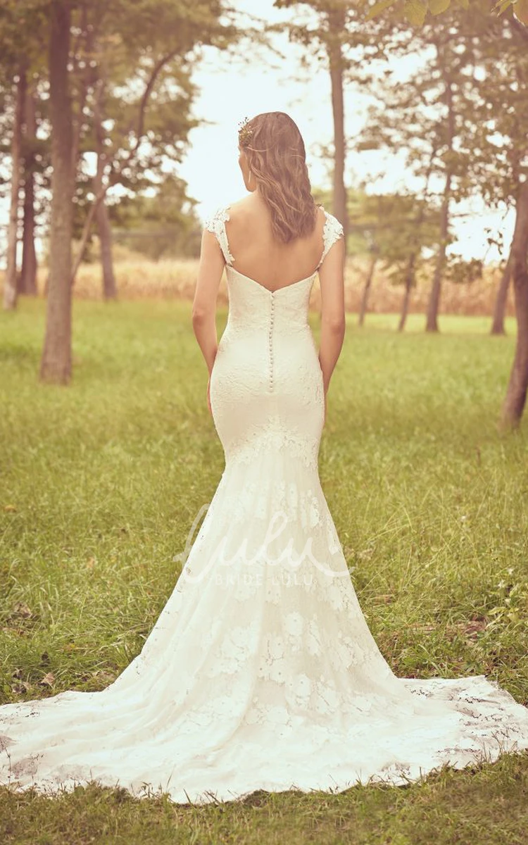 Lace Cap Sleeve Mermaid Wedding Dress with Open Back and Buttons