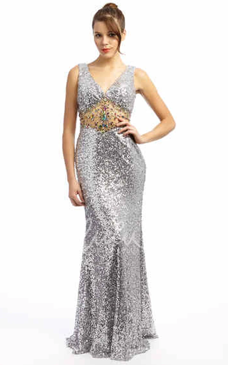 Trumpet Beaded V-Neck Sequins Prom Dress Sleeveless Long Style