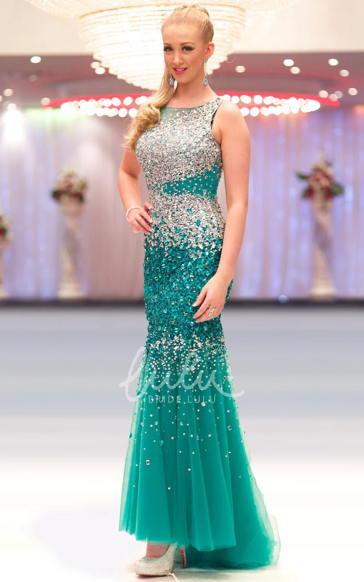 Sheath Crystal Sequins&Tulle Prom Dress Ankle-Length Sleeveless Scoop-Neck