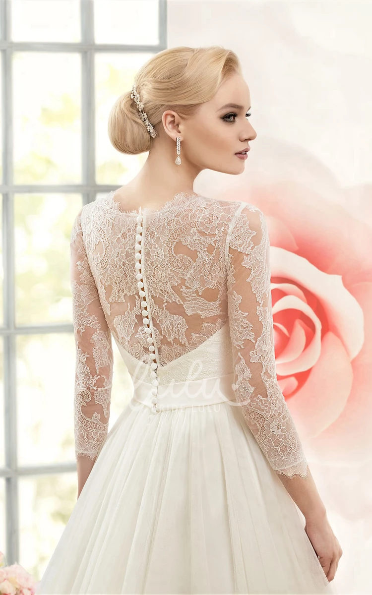 Illusion Tulle A-Line Wedding Dress with Long-Sleeves and Waist Jewelry