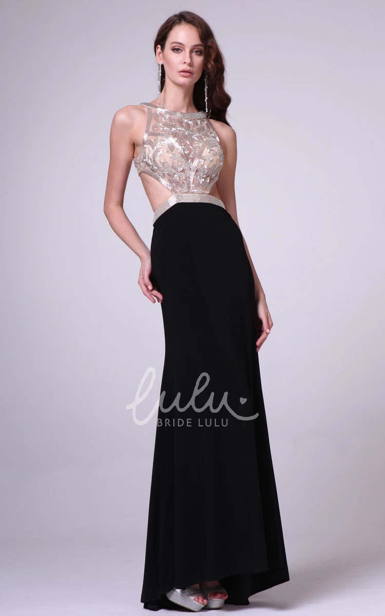 Sleeveless Jersey Sheath Dress with Scoop-Neck Sequins and Pleats