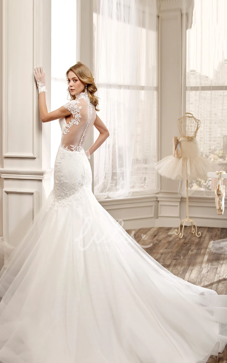 Illusive Back Mermaid Wedding Dress with High Neck and Appliques